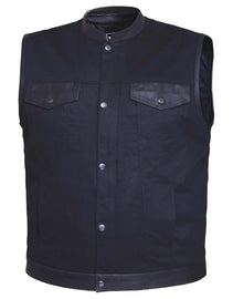Men's Matt Black Denim Vest with Leather Trim