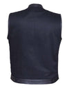 Men's matte black denim vest with leather trim, stylish men's vest by Dynamicleather, featuring a classic fit and detailed leather accents.