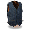Men's blue denim vest with 10 pockets and side lace details, by HighwayLeather, featuring a classic men's vest design.