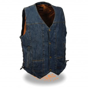 Men's blue denim vest with 10 pockets and side lace details, by HighwayLeather, featuring a classic men's vest design.