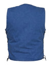 Men's blue denim motorcycle vest by Dynamicleather, featuring front pockets and rugged stitching, displayed on a plain background.