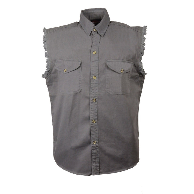 Men's gray lightweight sleeveless denim shirt by HighwayLeather displayed on a hanger, showcasing casual textile clothing style.