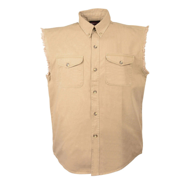 Men's beige lightweight sleeveless denim shirt by HighwayLeather, showing front view with collar and sleeveless design.
