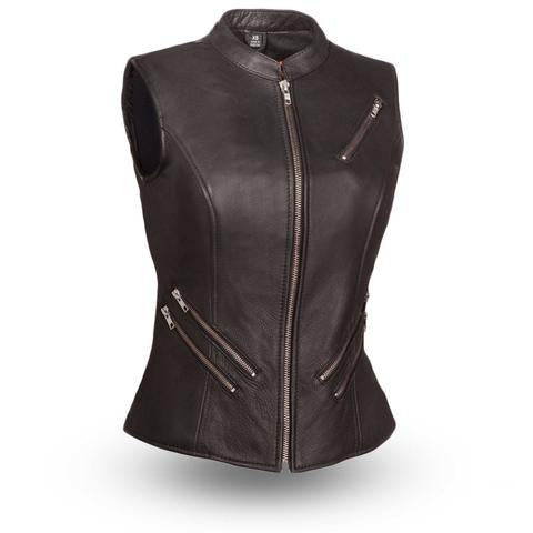 Dynamicleather Fairmont women's vest displayed in black, featuring a sleek design with a high collar and front zipper closure.