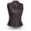 Dynamicleather Contessa women’s vest featuring sleek black leather with stylish stitching and a fitted design.