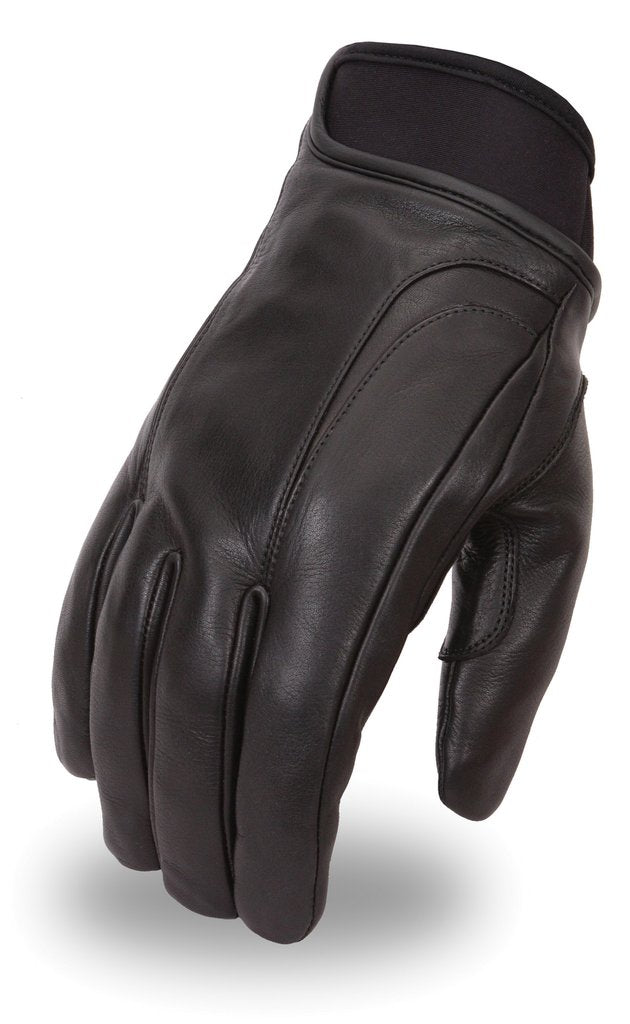 Dynamicleather FI158GEL gloves in black leather with reinforced stitching and comfortable fit, designed for durability and style.