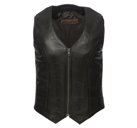 Dynamicleather Savannah leather motorcycle vest with front zipper, fitted design, and detailed stitching for rugged riding style.