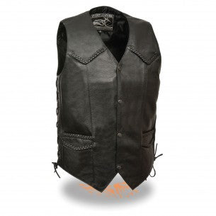 Men's classic side lace biker vest with braided details from HighwayLeather, featuring a rugged leather design and metal snap closures.