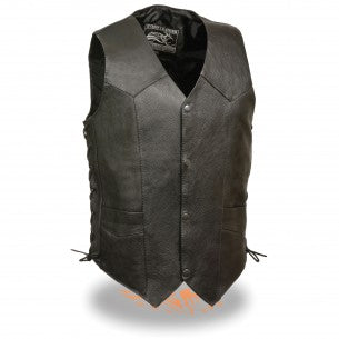 Men's classic side lace biker vest by HighwayLeather featuring a black leather design with side laces and a front zipper closure.
