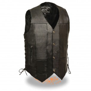 Milwaukee Leather men's EL5391 10-pocket side lace vest showing front view with multiple pockets and side laces.