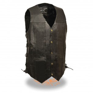 Tall men's HighwayLeather EL5391 TALL 10-pocket side lace vest with multiple pockets and side laces, made for a rugged look.