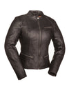 Front view of a black leather scooter jacket for women by HighwayLeather, stylish and fitted with zip details.