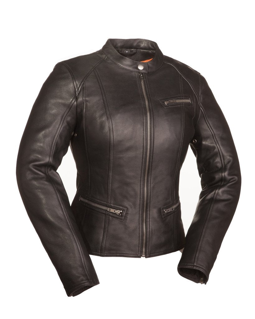Front view of a black leather scooter jacket for women by HighwayLeather, stylish and fitted with zip details.