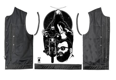 Dynamicleather George Jeffreys Custom Leather Biker Vest with detailed stitching and rugged design, front view with zip closure.