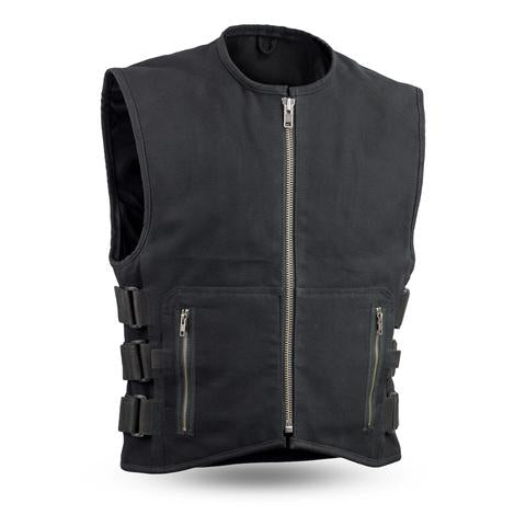 Dynamicleather Knox men's vest displayed on a hanger, featuring a sleek leather design with a front zipper and stylish stitching details.