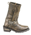 Brown women’s motorcycle harness boot by Dynamicleather, tall design with rugged leather straps and sturdy sole, stylish and durable footwear.