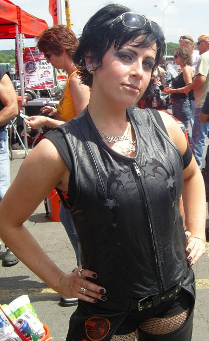 Women reflective star leather vest by HighwayLeather, featuring a stylish design with star details on black leather.