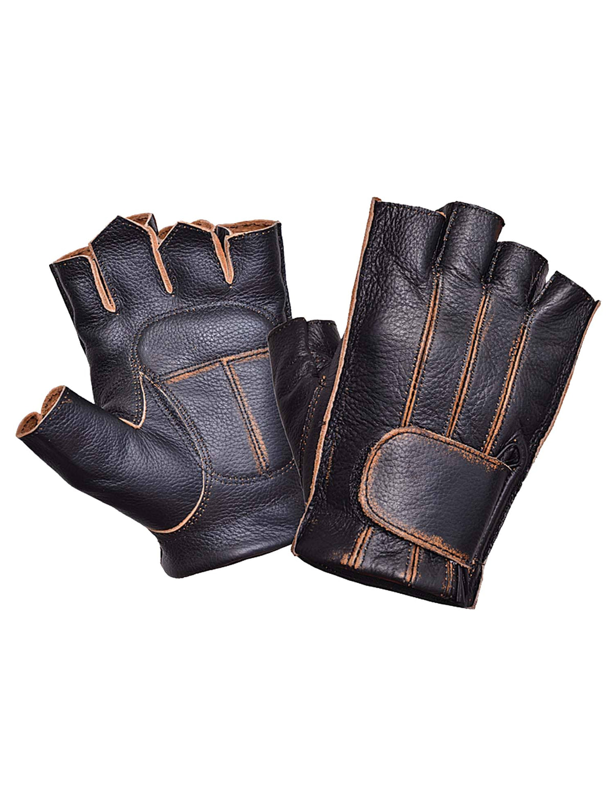 Dynamicleather men's fingerless motorcycle gloves showing black leather with reinforced knuckles and open fingers for riding.