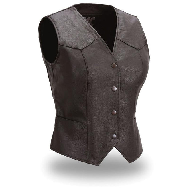 Fitted Sweet Sienna Snap Women's Leather Vest by HighwayLeather, front view showing snap closure and tailored fit.