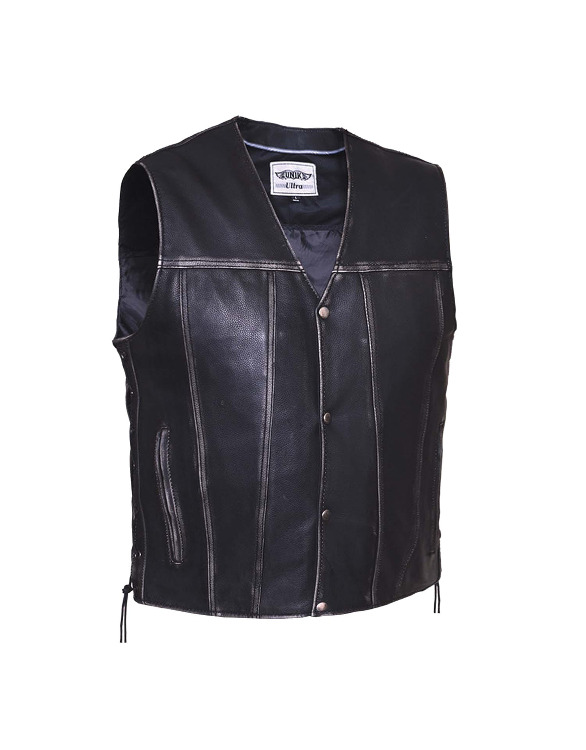 Men's Durango Gray Ultra Motorcycle Leather Vest from Dynamicleather, featuring a sleek gray leather design and front zipper closure.