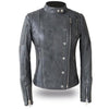 Dynamicleather Warrior Princess leather biker jacket featuring a fitted design, metallic zipper details, and shoulder epaulets.