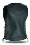 Women's basic leather motorcycle vest with side lace details, zipper pockets, by Dynamicleather, featuring a classic black design.