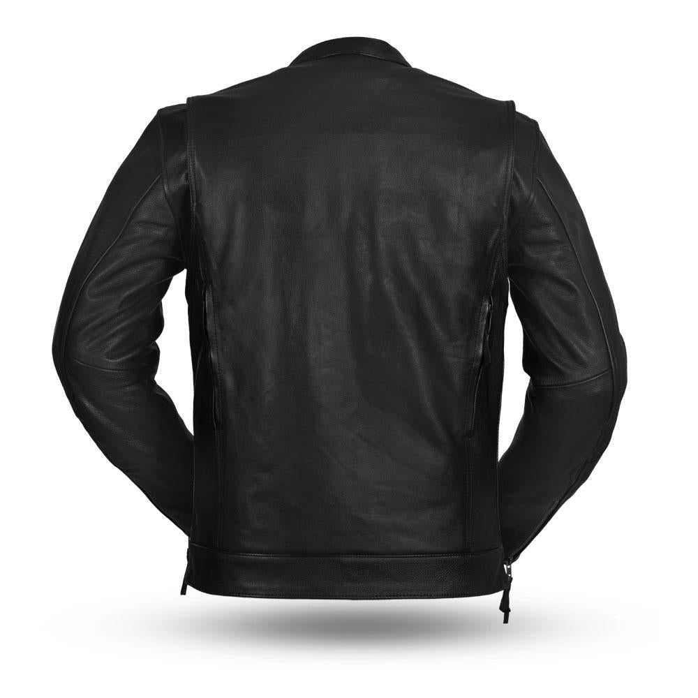 Men's Raider jacket by Dynamicleather, showcasing a stylish black leather men's jacket with detailed stitching and a classic fit.