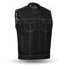 Men's custom club style vest by Dynamicleather, tailored fit with leather details, displayed on a hanger against a plain background.