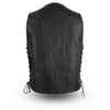Dynamicleather leather biker vest displayed on a hanger, featuring classic design and sturdy leather material.