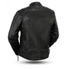Dynamicleather Top Performer leather motorcycle jacket with sleek design and sturdy zippers, displayed on a hanger.