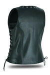 Black women's motorcycle leather vest with eyelet trim and stylish design, by Dynamicleather, featuring a fitted silhouette.