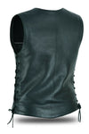 Dynamicleather women's motorcycle vest with rhinestone leather details and bling accents, featuring a stylish, fitted design.