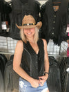 Dynamicleather women's leather motorcycle vest with rhinestone bling details and stylish design.