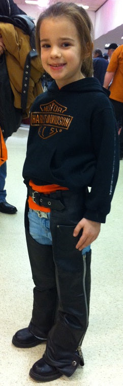 Kids motorcycle leather chaps from HighwayLeather, featuring a classic design for boys and girls riding motorcycles.