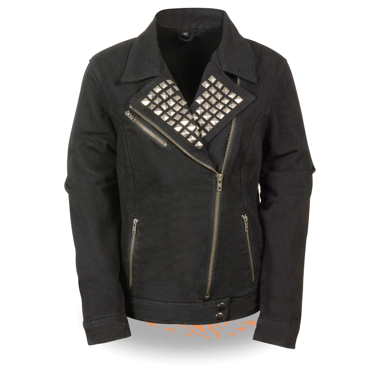 Black denim ladies jacket with zipper front and studded spike details, stylish women's denim jacket by HighwayLeather.
