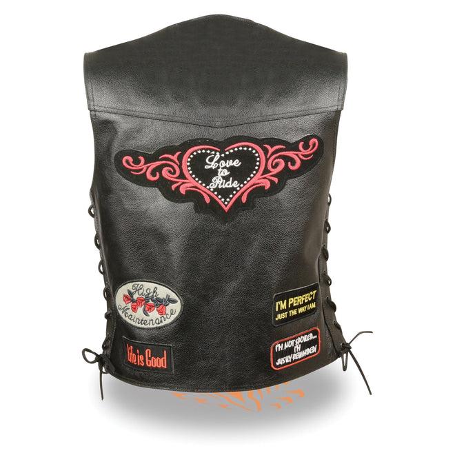 Milwaukee Leather women's love to ride vest with side lace detailing and pre-patched design, casual motorcycle-inspired women's vest.