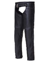 Ladies premium leather studded motorcycle chaps with metallic accents, designed by Dynamicleather for riding comfort and style.