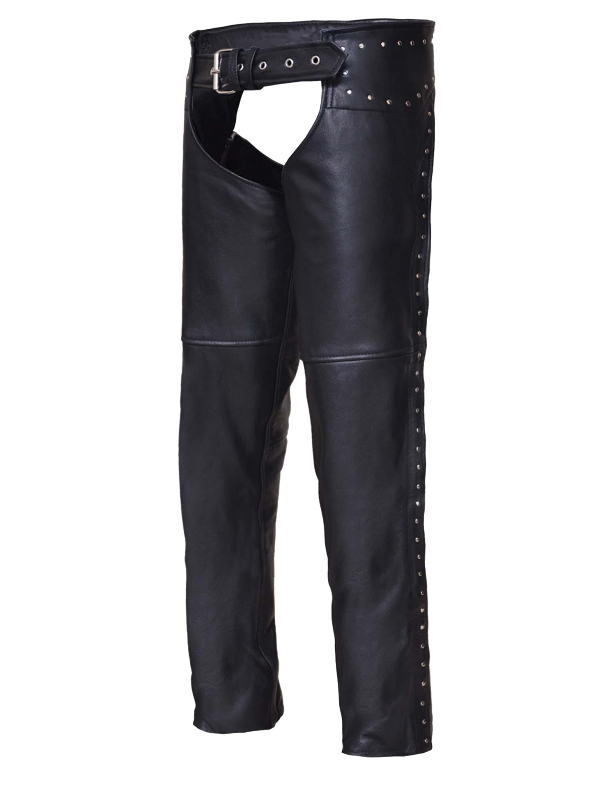 Ladies premium leather studded motorcycle chaps with metallic accents, designed by Dynamicleather for riding comfort and style.