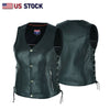 Naked women's leather motorcycle vest with lace-up sides by Buffalo Leather Gear, featuring a sleek black design and side lacing details.