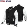 Buffalo Leather Gear men's varsity baseball jacket with black and white leather, banded collar, and classic letterman style.
