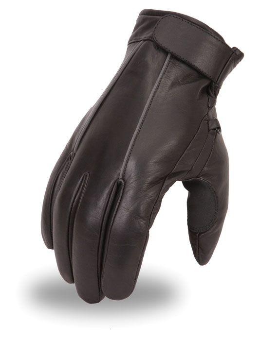 Black men's leather gloves by Dynamicleather showing a close-up of smooth, stylish leather with detailed stitching.