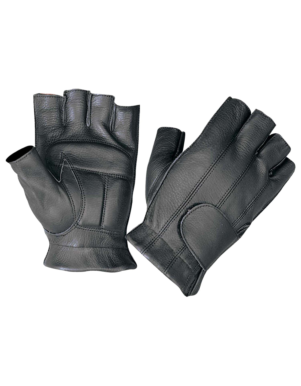 Dynamicleather men's fingerless leather gloves showing black leather design and open finger tips for grip and mobility.