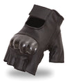 Dynamicleather men's leather fingerless gloves showing textured leather and open finger design.