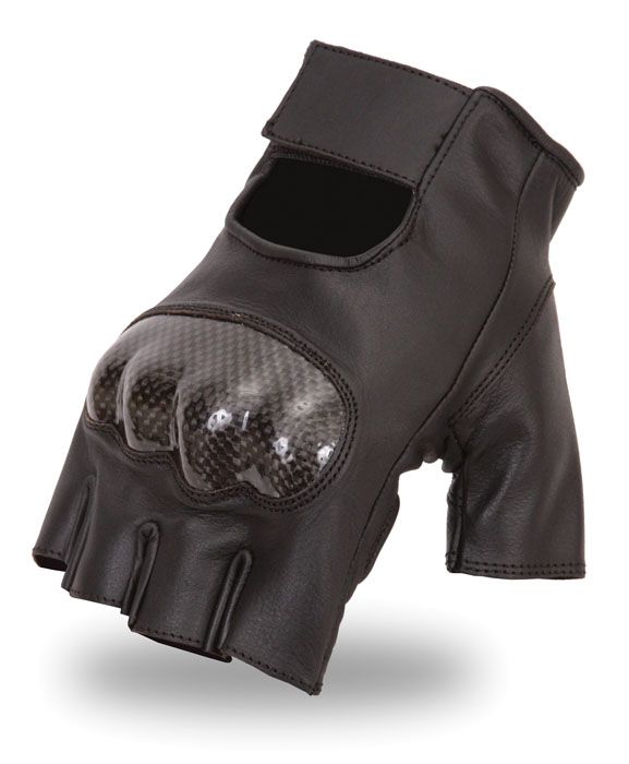 Dynamicleather men's leather fingerless gloves showing textured leather and open finger design.