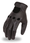 Black men's leather gloves by Dynamicleather, showing close-up of sleek, stylish leather gloves with detailed stitching.