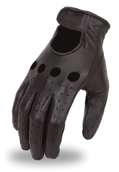Black men's leather gloves by Dynamicleather, showing close-up of sleek, stylish leather gloves with detailed stitching.