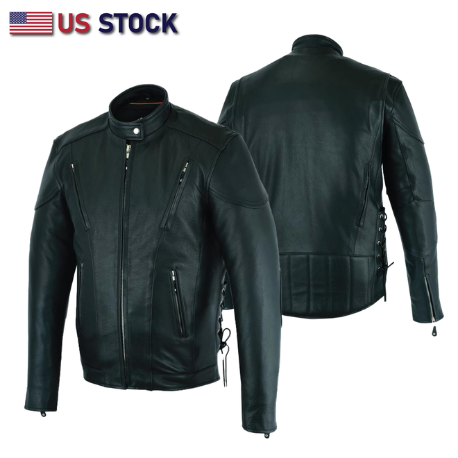 Buffalo Leather Gear men's black vented racer leather motorcycle jacket with long sleeves and extended back length.