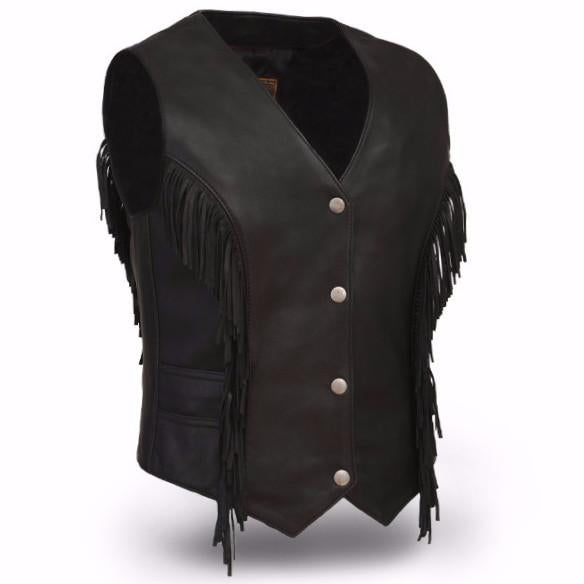 Buffalo Leather Gear women's lightweight fringe leather vest with tassels and frills, perfect for biker style and casual wear.