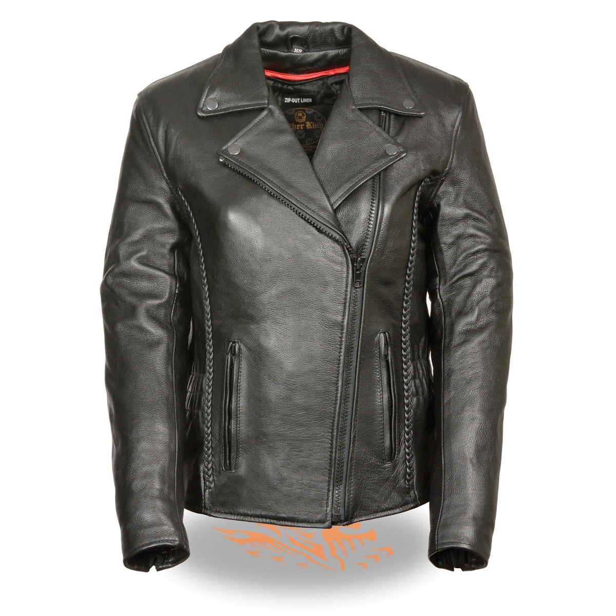 Women’s leather jacket by HighwayLeather featuring braid and stud back detailing, stylish and fitted for a modern look.