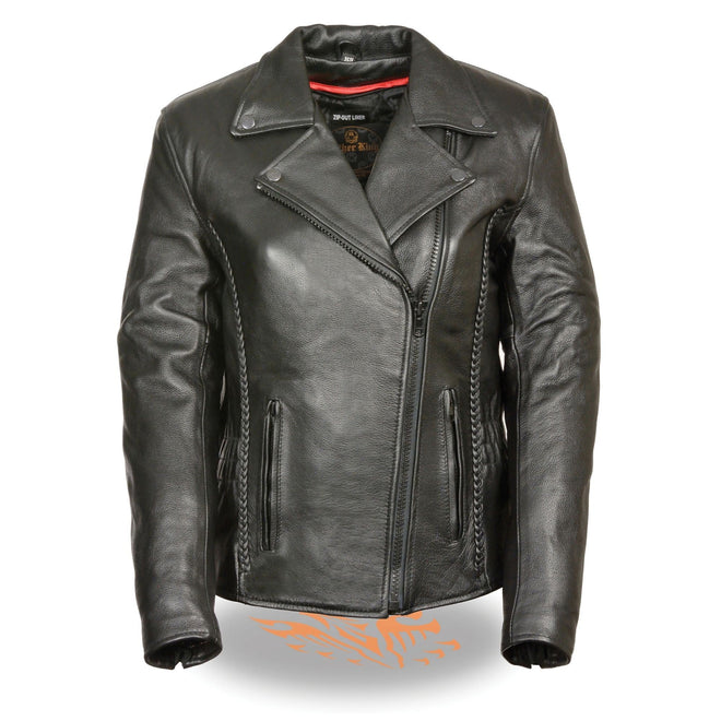 Women’s leather jacket by HighwayLeather featuring braid and stud back detailing, stylish and fitted for a modern look.